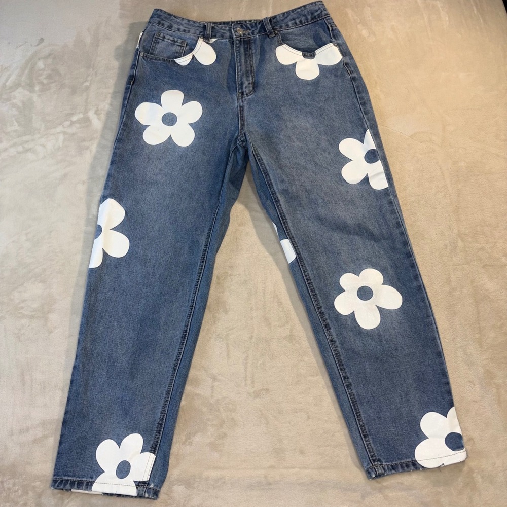 Angel Kiss Daisy Flower Print Mom Jeans Blue Size 11/30 Floral Y2K Inspired
